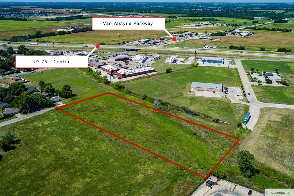 0 East Van Alstyne Parkway Van Alstyne, TX 75495 - Photo 17 of 28 Aerial view of property and surrounding area featuring property parcel outlined