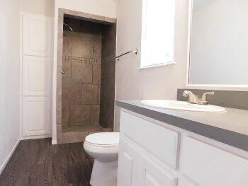 a bathroom with a sink a toilet and shower