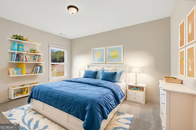 a bedroom with a bed and a book shelf