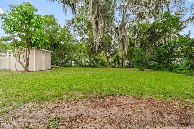 a view of a backyard with large trees
