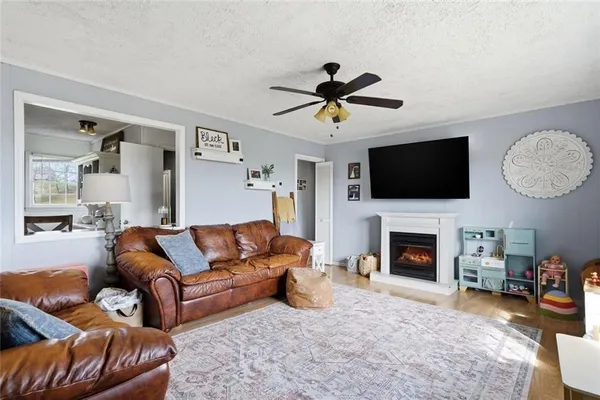 a living room with furniture a fireplace and a flat screen tv