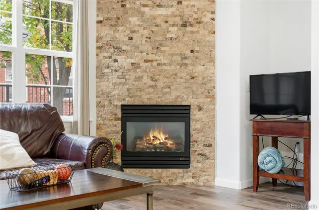 a living room with furniture a flat screen tv and a fireplace