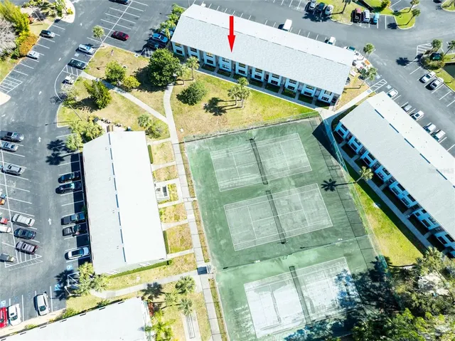 an aerial view of a swimming pool