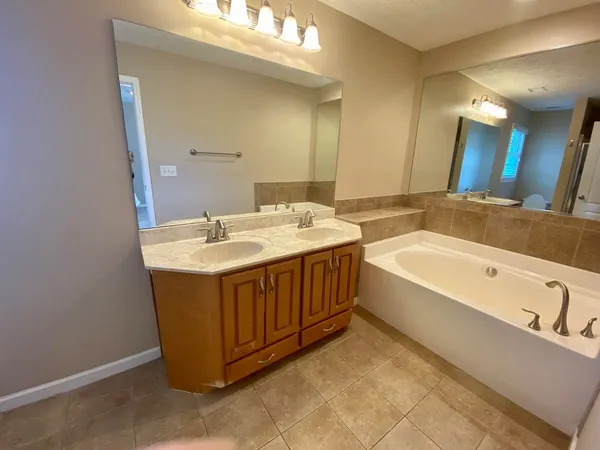 a bathroom with a sink a bathtub a mirror and a bathtub