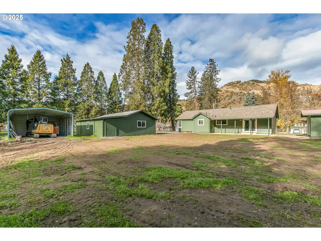 a view of a backyard with large trees