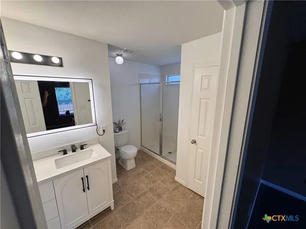 a bathroom with a sink a toilet and a mirror