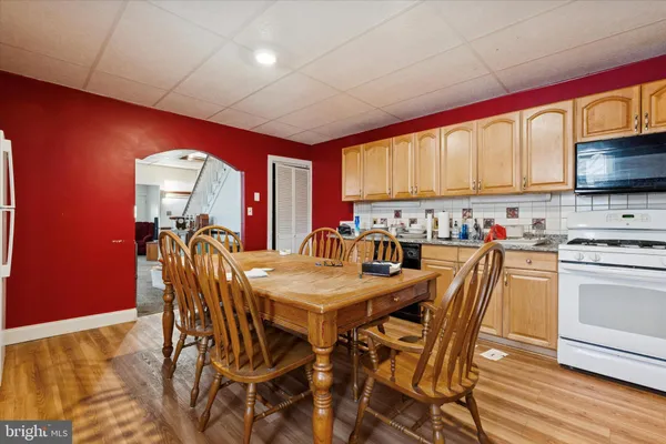 a view of a dining room with furniture
