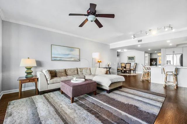 a living room with furniture ceiling fan and a rug