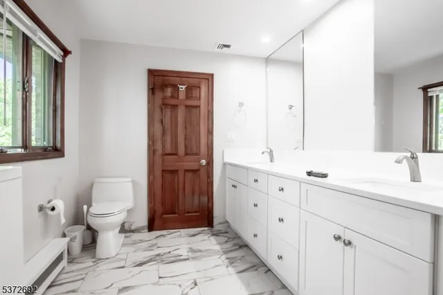 a bathroom with a double vanity sink mirror and toilet