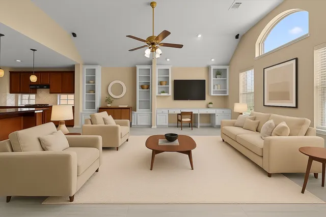 a kitchen with kitchen island granite countertop a sink a counter space appliances and cabinets