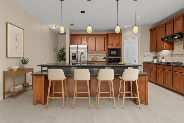 a large kitchen with stainless steel appliances kitchen island granite countertop a large counter top and wooden floors