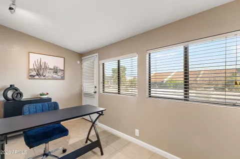 a view of a dining room with furniture