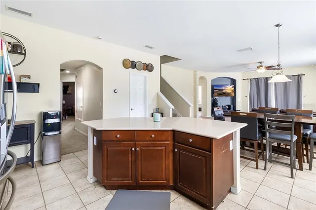 a view of a dining room with furniture