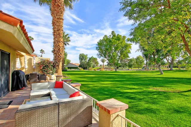 a view of a park with large trees