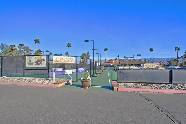 a view of a tennis ground with large trees
