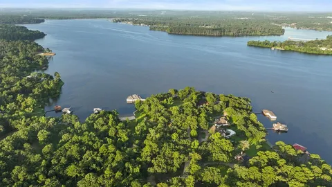 an aerial view of a houses with a lake view