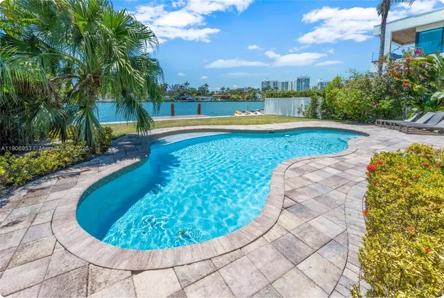 a view of a swimming pool with a yard