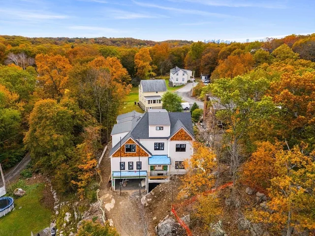 an aerial view of residential houses with outdoor space and trees