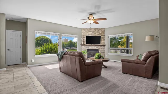 an aerial view of a building with outdoor space