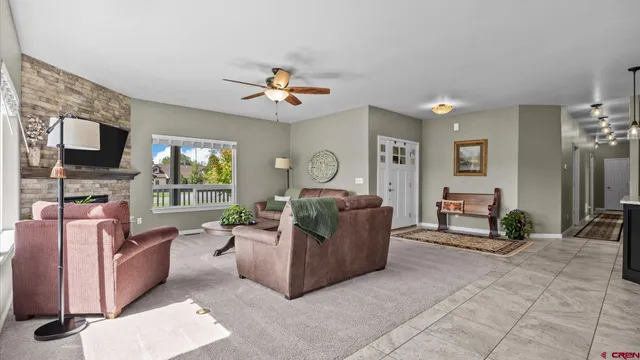 an aerial view of a garden with an outdoor seating