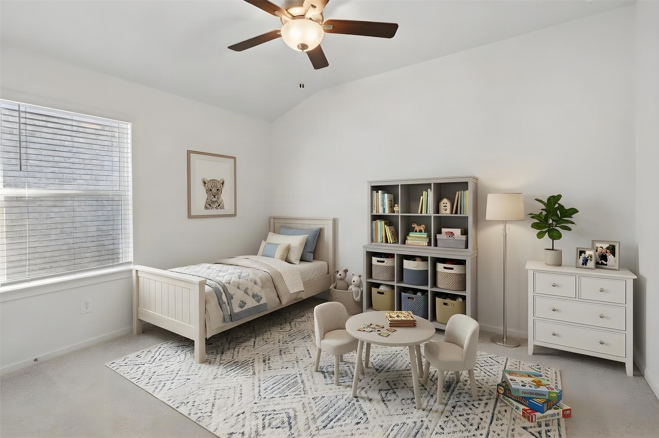 1697 Hopson Ranch Drive Conroe, TX 77301 - Photo 20 of 26 Charming and bright children's bedroom features a cozy twin bed, playful area rug, and ample storage with a bookshelf and dresser, perfect for organizing toys and books.