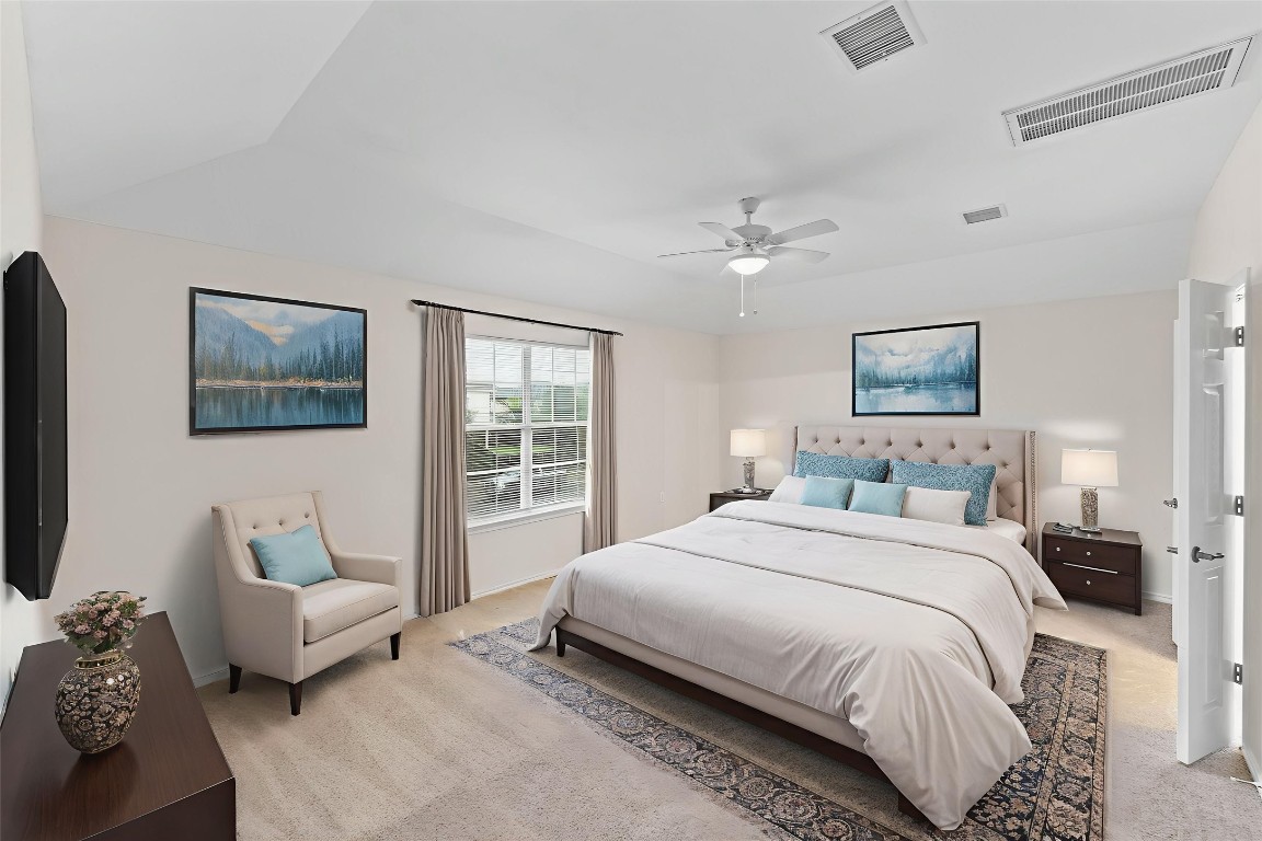 292 Housefinch Loop Leander, TX 78641 - Photo 14 of 29 Bedroom with light colored carpet and ceiling fan