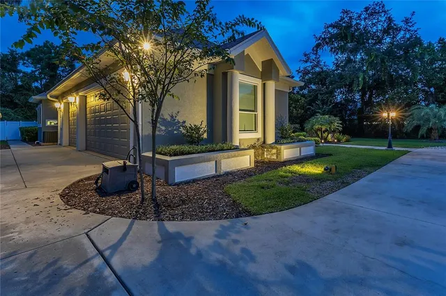 a view of a house with backyard and tree