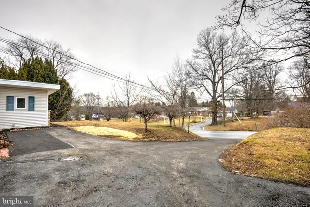a view of yard with swimming pool and tall trees