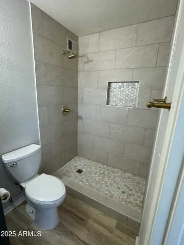 a bathroom with a toilet and a shower