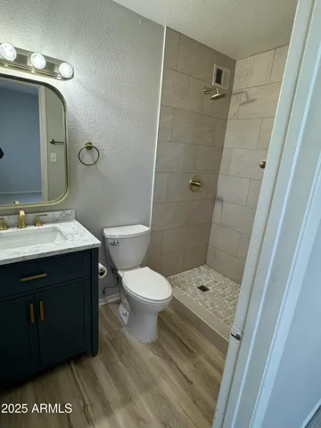 a bathroom with a sink a toilet a mirror and shower