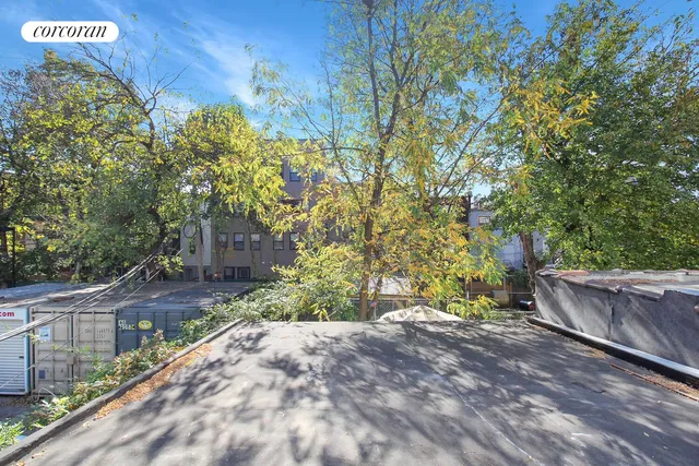 a view of a street with trees and bushes