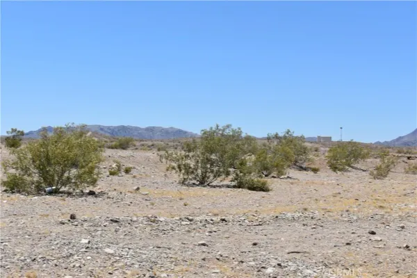 a view of a dry yard with mountains in the background
