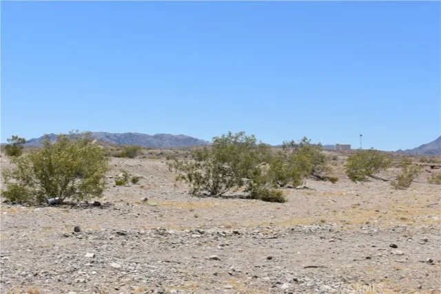 a view of a dry yard with mountains in the background