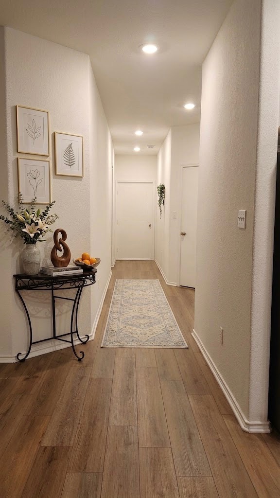 208 Wolf Springs Road Georgetown, TX 78628 - Photo 12 of 32 Recessed lighting illuminates a warm wood floor in this inviting hallway.