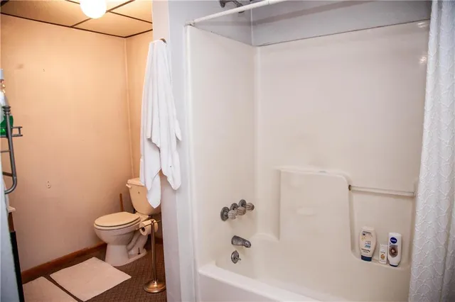 a bathroom with a toilet and a shower curtain