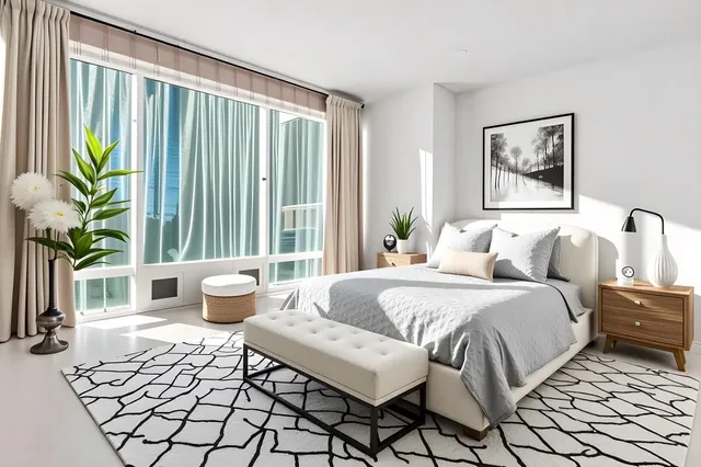 a bedroom with a large bed and a window