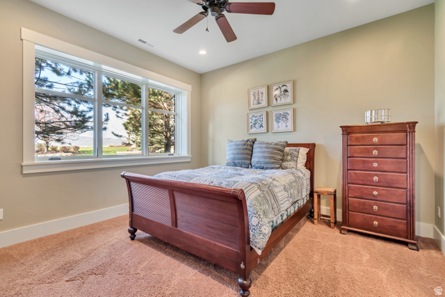2579 Splendor Valley Road Kamas, UT 84036 - Photo 66 of 87 Bedroom with ceiling fan, light colored carpet, and recessed lighting
