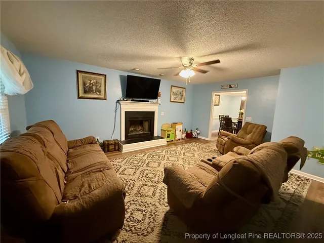 a living room with furniture a fireplace and a flat screen tv