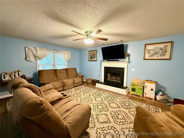 a living room with furniture a flat screen tv and a fireplace