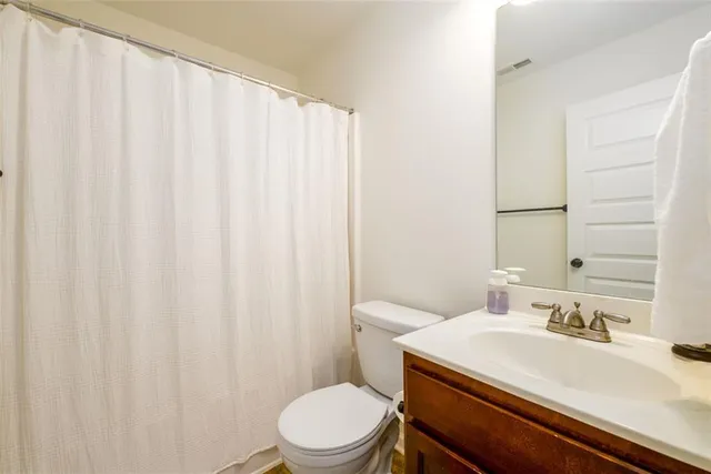 a bathroom with a sink a toilet and shower curtain