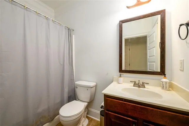 a bathroom with a sink a toilet and shower curtain