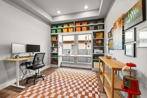 a workspace with furniture