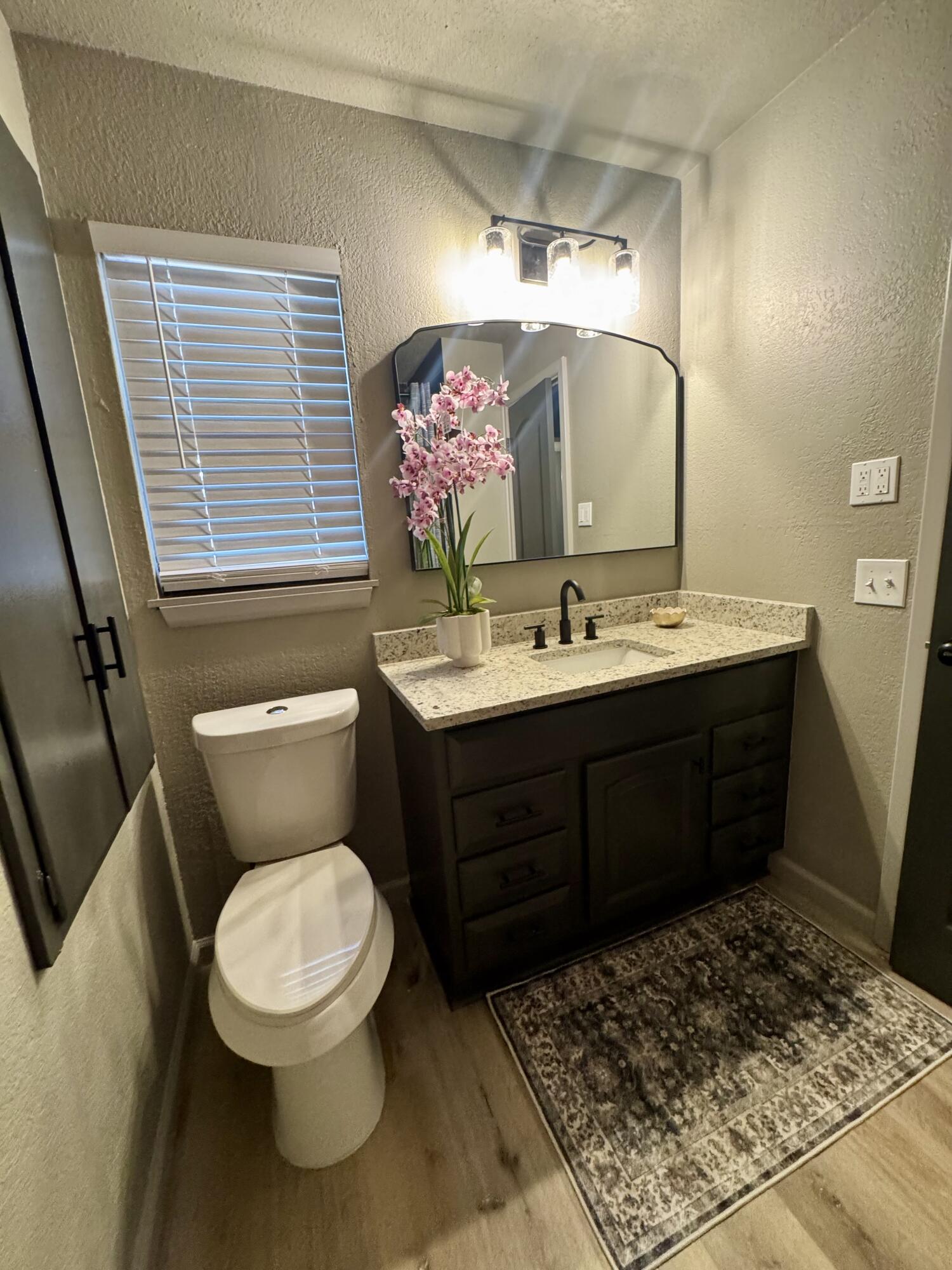 106 North 22nd Place Lamesa, TX 79331 - Photo 34 of 82 a bathroom with a toilet sink vanity granite and mirror