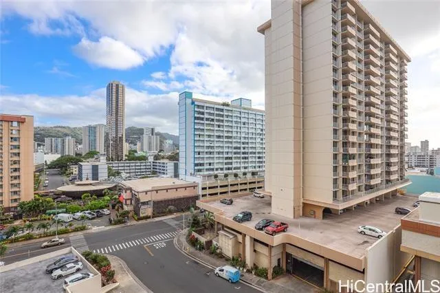 a city view with tall buildings