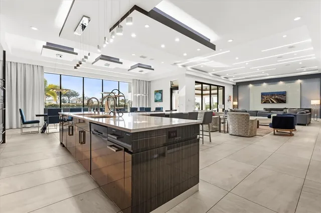 a media room with lots of chairs and a projector