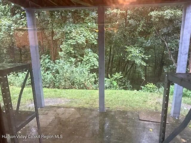 a view of a yard with plants and large trees