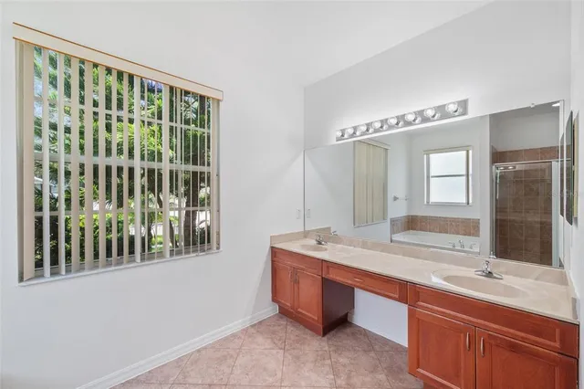 a bathroom with a double vanity sink large mirror and a bathtub