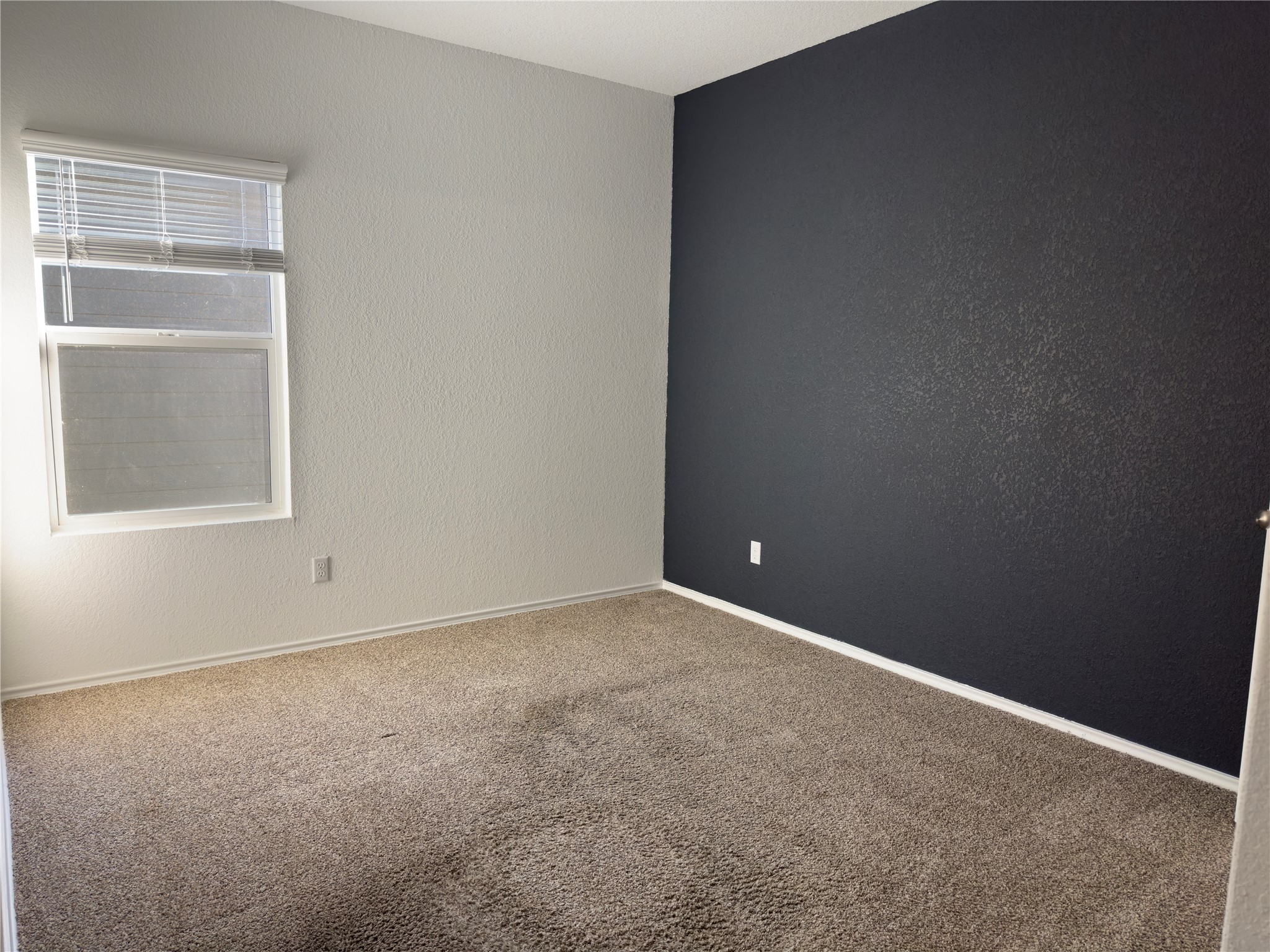 312 Soapstone Pass Maxwell, TX 78656 - Photo 18 of 21 Carpeted room featuring a window with horizontal blinds, a contrasting accent wall, and textured wall finishes