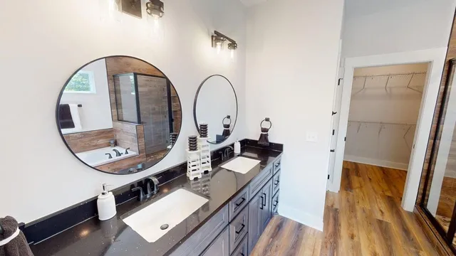 wooden floor with a table and a mirror