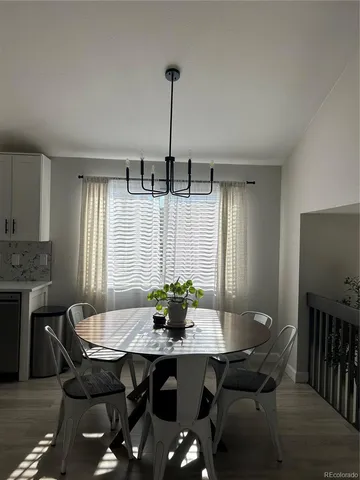 a view of a dining room with furniture